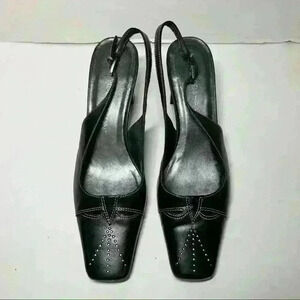 HILLARD HANSON Women Slingback Slim Heel Shoes Black Leather Cut Out Sz 6M